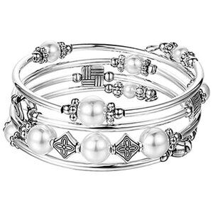 Beaded Pearl Bracelet Wrap Multilayer Charm Bangle Silver Metal Boho Jewelry Gif